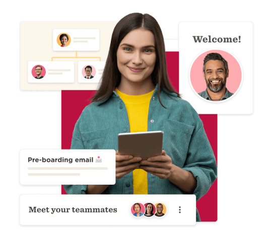woman holding tablet with pre-boarding message, welcoming teammates, featuring team hierarchy and profile images, team onboarding and communication illustration