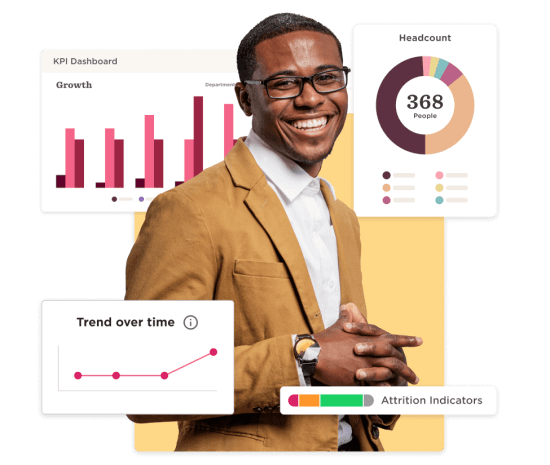 KPI dashboard showing growth, headcount of 368, and trend over time. Smiling professional in a tan suit. KPI, Dashboard, Analytics