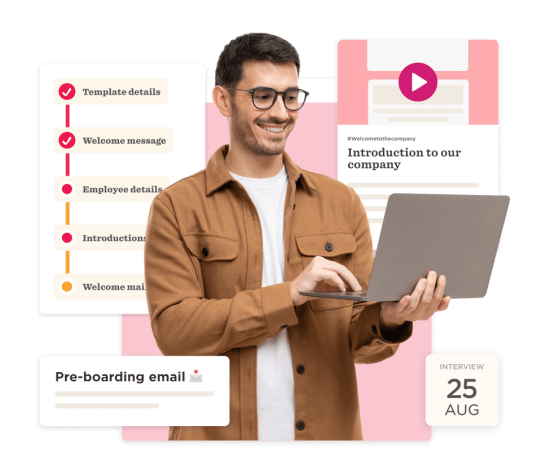 pre-boarding email and onboarding templates with a smiling man using a laptop, introduction to our company video presentation