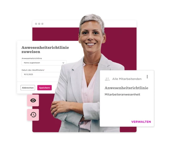 frau mit blonden haaren in anzug vor digitalem dashboard, zeigt anwesenheitsrichtlinie management, digitales arbeitsumfeld,