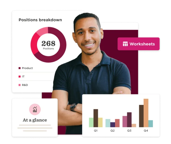 positions breakdown, data visualization with a young man, charts showing job distribution and performance metrics