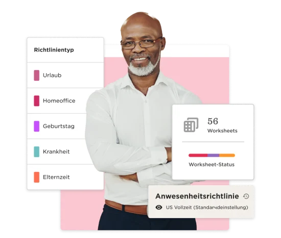 Richtlinientyp Übersicht mit einem lächelnden Mann, 56 Worksheets und Statusanzeige auf pastellfarbigem Hintergrund., Mann mit Brille und Hemd, Richtlinientypen für verschiedene Aktivitäten.