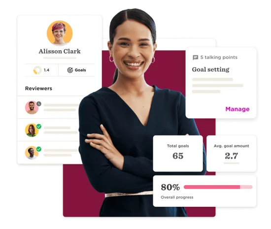 professional woman smiling with goals dashboard including total goals, progress, and reviewer feedback, goal setting progress review metrics