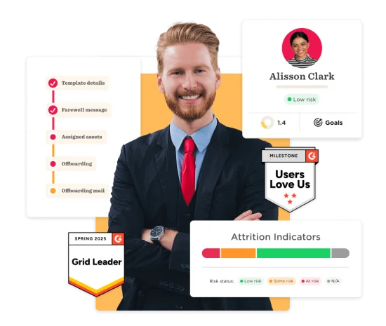 professional man in suit with onboarding metrics and user feedback stats, highlighting attrition indicators and goals, G2 Grid Leader badge and user love statistics