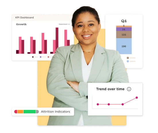 KPI dashboard with growth metrics, attrition indicators, and a confident professional woman in business attire, Growth metrics and trends displayed in a KPI dashboard with a professional woman in a pastel green suit.