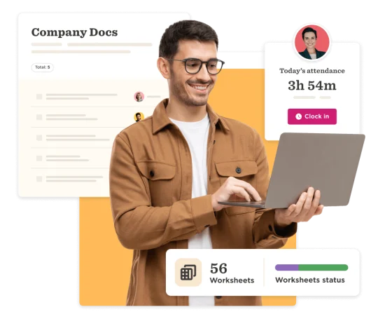 man working on laptop, attendance tracking dashboard with worksheets status