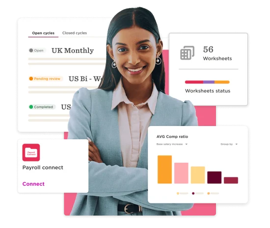 business woman smiling, data analytics dashboard with payroll metrics and worksheets status