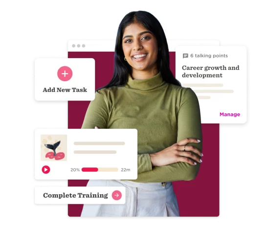 professional woman smiling, task management interface featuring training and development elements