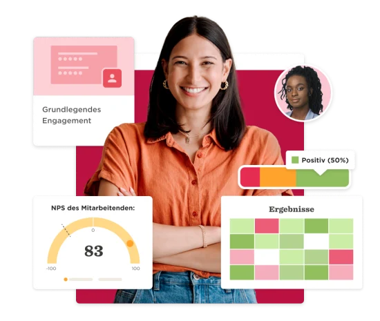 smiling woman with dark hair in casual outfit displays engagement metrics and employee satisfaction results, engagement statistics chart and graphs