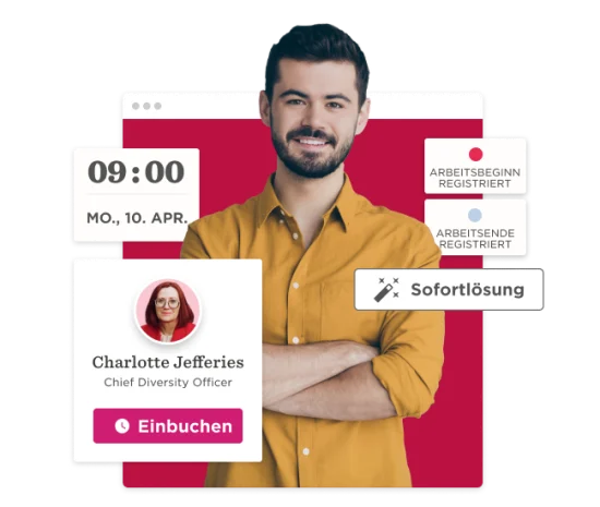 man smiling in front of a digital interface, displaying schedule and profile details, CEO profile with scheduling options highlighted