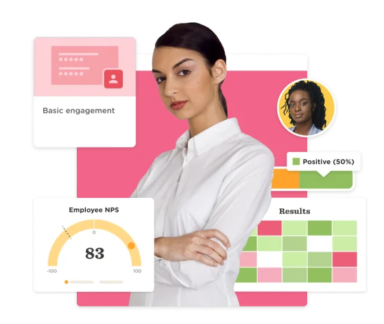 professional woman with arms crossed, employee engagement metrics and positive results visualizations