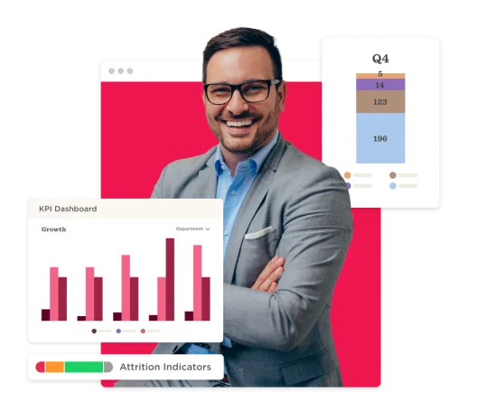 businessman smiling with KPI dashboard showing growth data and attrition indicators on a vibrant background, analytics visuals for performance