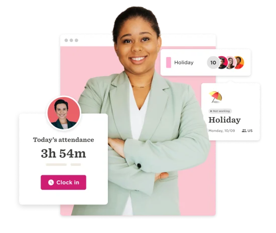 professional woman in a light green suit, displaying attendance stats and holiday status on a digital interface, attendance tracking and holiday notifications