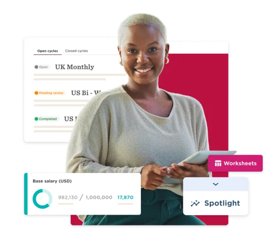 professional woman with light hair smiles, holding a tablet; background displays salary and task management data, work interface showcasing progress