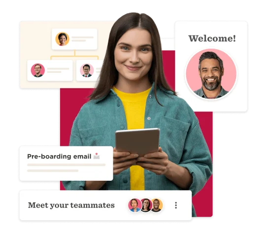 woman holding tablet with pre-boarding message, welcoming teammates, featuring team hierarchy and profile images, team onboarding and communication illustration