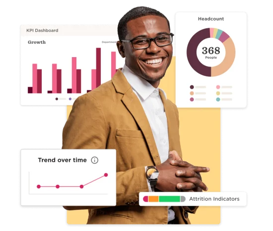 KPI dashboard showing growth, headcount of 368, and trend over time. Smiling professional in a tan suit. KPI, Dashboard, Analytics