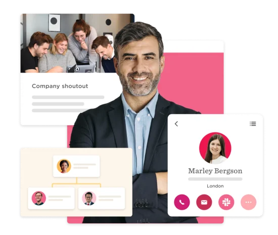 business professional smiling, collaborative team meeting and company organizational chart