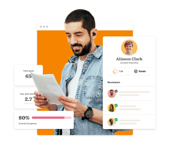man reviewing goals document with progress indicators, showcasing performance metrics and personal profile, goals, progress tracking, professional profile