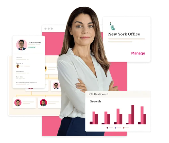 professional woman in white blouse showcases KPI dashboard and employee profile for New York office management, employee profile KPI dashboard visualization