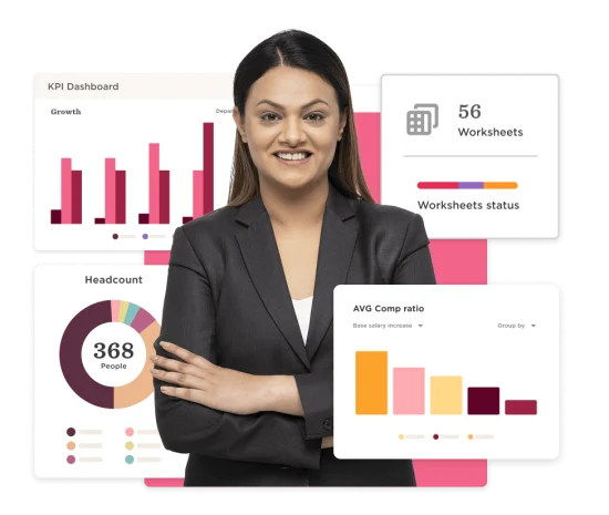 KPI dashboard with graphs, headcount data, and a confident professional woman presenting insights, Data analysis, Business insights