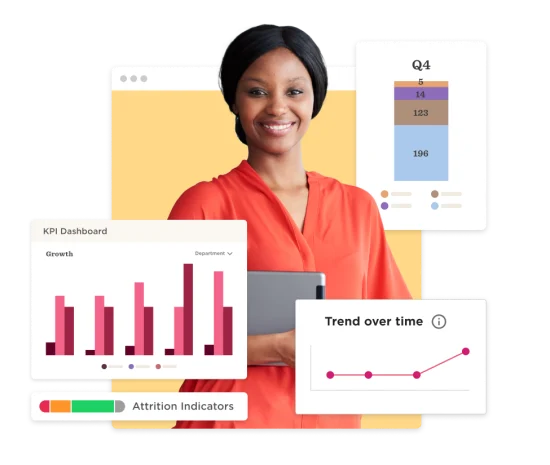 KPI dashboard with growth metrics, attrition indicators, and a smiling woman holding a tablet, against a yellow background, Data visualization and analytics for business insights.