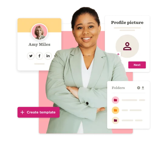 professional woman in blazer, profile features, social media icons, create template button, business profile design, user interaction elements