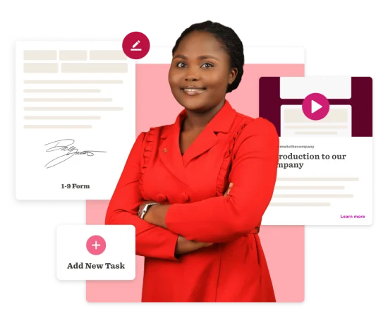 business-woman-in-red-blazer-with-documents-and-tasks, professional-introduction-with-forms-and-video-elements