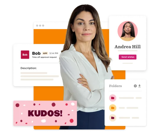 Bob's approval request; woman in white blouse symbolizes professionalism. Bright background with 'KUDOS!' enhances engagement.