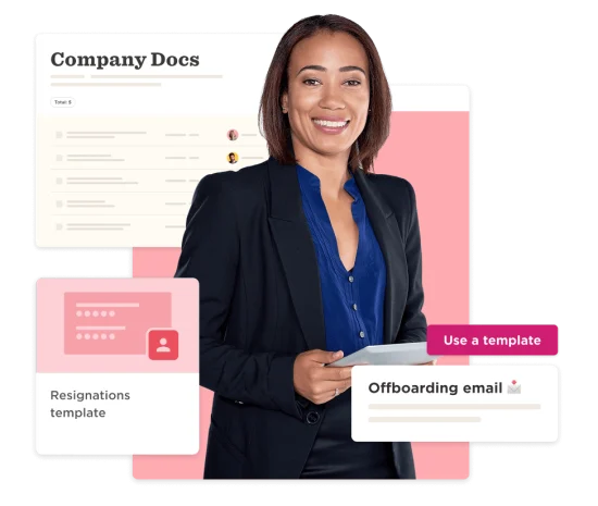 Company Docs interface with smiling woman in business attire holding a tablet, templates for resignations and offboarding email., businesswoman, templates