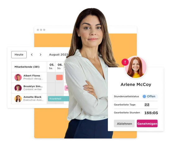 employee dashboard, woman in professional attire with employee details and calendar interface
