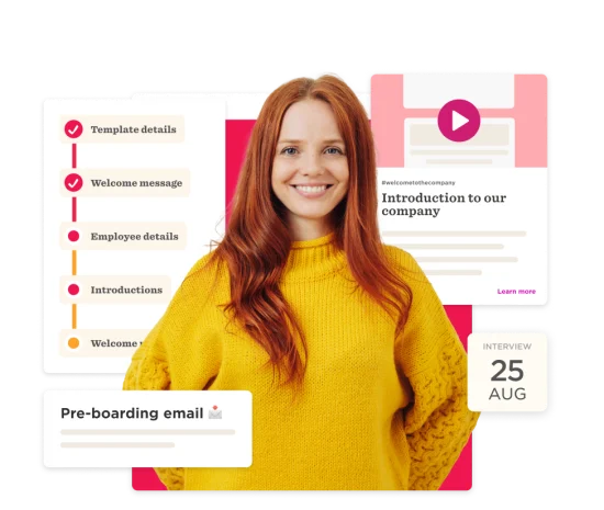 smiling woman in a yellow sweater with onboarding templates and a scheduled interview date, onboarding process visuals and details