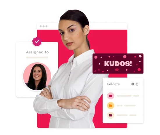professional woman with arms crossed, digital workspace highlights 'KUDOS!' and folder management, confident woman, digital accomplishment notification