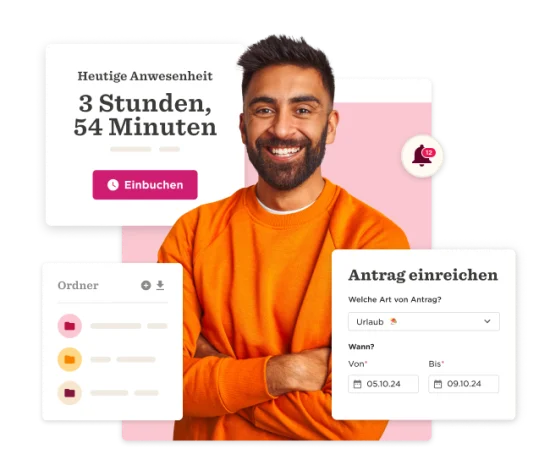 menschlicher Fachmann in orangefarbenem Pullover, Anwesenheit 3 Std. 54 Min., Antragsformular für Urlaub, Benutzeroberfläche mit Icon, Einbuchung und Ordner