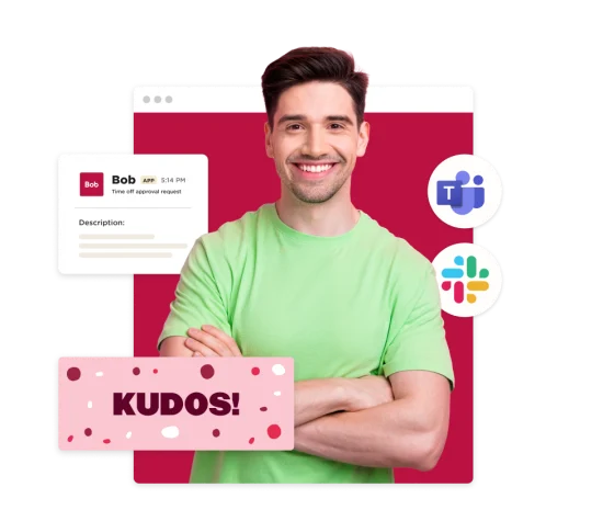 smiling man in green shirt with "KUDOS!" graphic and app notifications for teamwork tools like Microsoft Teams and Slack, professional recognition image with positive feedback and collaboration tools displayed