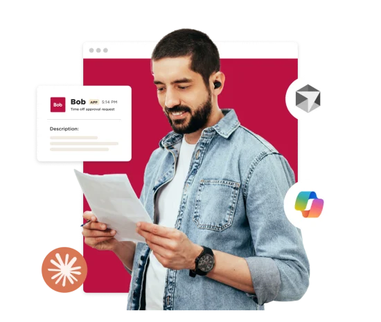 man reviewing time off request with headphones, colorful app icons, and a red background, time off approval, modern communication tools