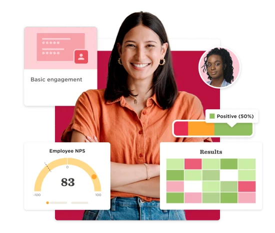 smiling woman in orange shirt with engagement metrics and feedback visuals, employee NPS gauge showing score of 83