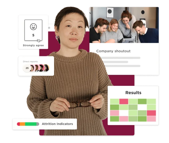 professional woman in a brown sweater with glasses, analytics dashboard showing results and attrition indicators, employee engagement metrics visualization with feedback display