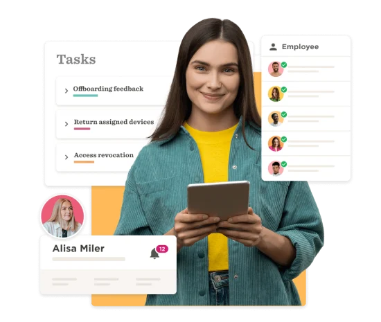 Tasks management interface featuring a smiling woman holding a tablet, displaying task lists and employee notifications. task management, employee notifications