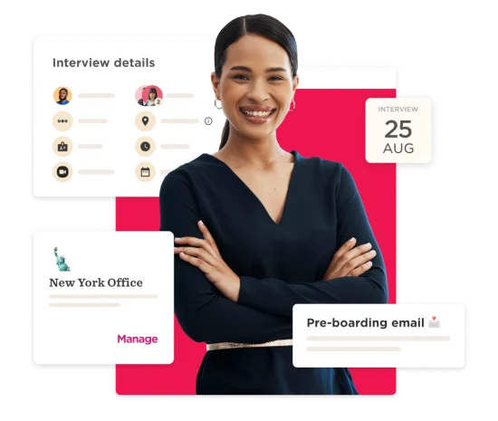interview preparation with smiling woman, New York Office, key details on scheduling, and pre-boarding email, smiling woman, interview details, New York Office