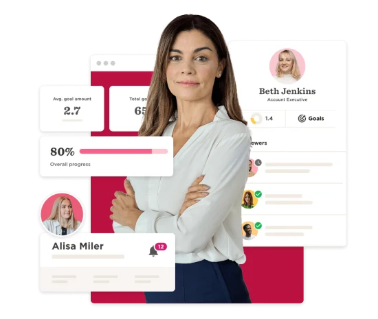 business woman with data dashboard showcasing goals, progress, and colleague profiles, female professional in modern work environment