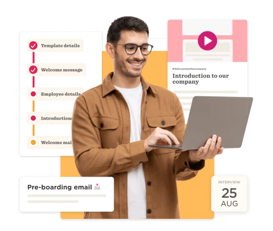 employee onboarding, laptop interface with pre-boarding details and a video introduction to the company