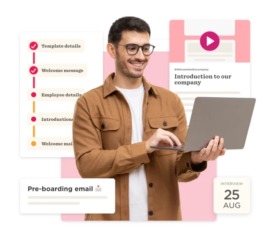 pre-boarding email and onboarding templates with a smiling man using a laptop, introduction to our company video presentation