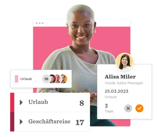 woman smiling in sweater with dashboard showing vacation and business trip details, profile of Alisa Miler, Inside Sales Manager