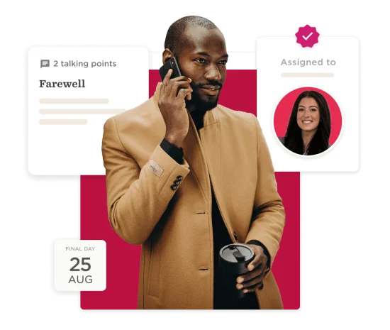 businessman talking on phone in stylish coat, project update on farewell discussion with assigned colleague image