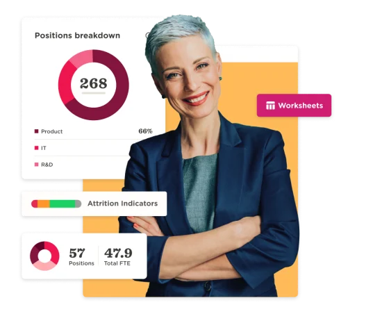 268 positions breakdown with attrition indicators; female professional in a blazer smiling confidently, attrition indicators, positions breakdown