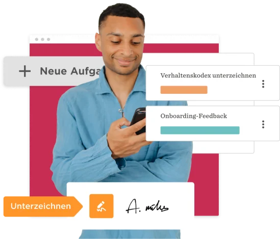 man using smartphone with digital task interface in background, highlights onboarding feedback and signature section, user interface showing onboarding tasks and signature action