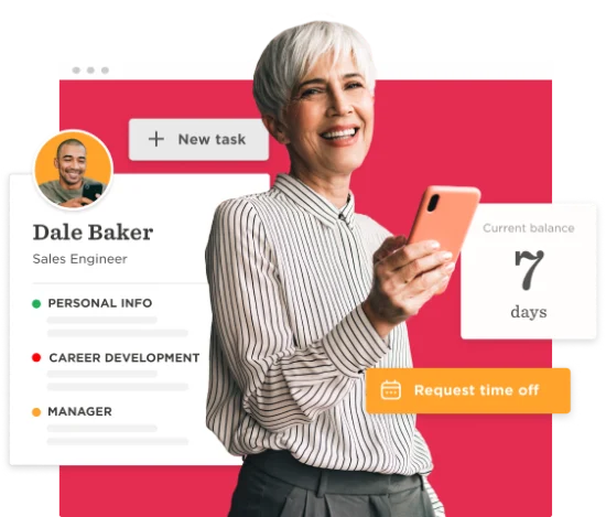 business woman smiling with smartphone at work, employee profile with task management interface and request time off button