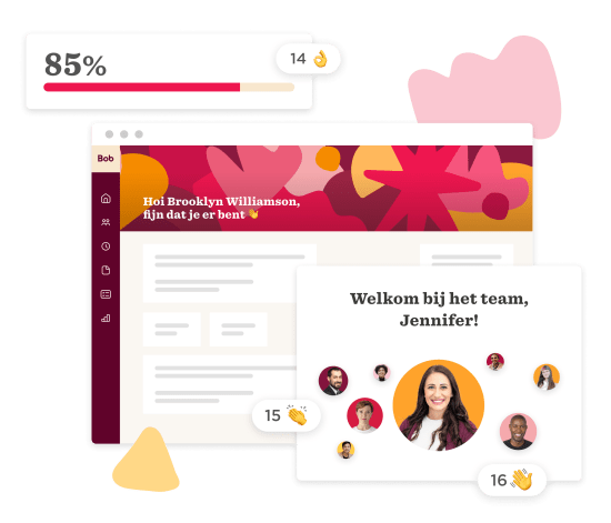 welcome message for team member Brooklyn on a colorful website interface with user engagement metrics, team introduction with visuals