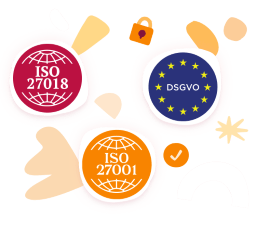 ISO 27001 and ISO 27018 certifications with DSGVO symbol on a colorful background featuring abstract shapes and icons. ISO27001, ISO27018, DSGVO