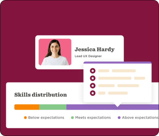 Jessica Hardy, Lead UX Designer, showcases skills distribution with color-coded ratings: below, meets, and above expectations.
